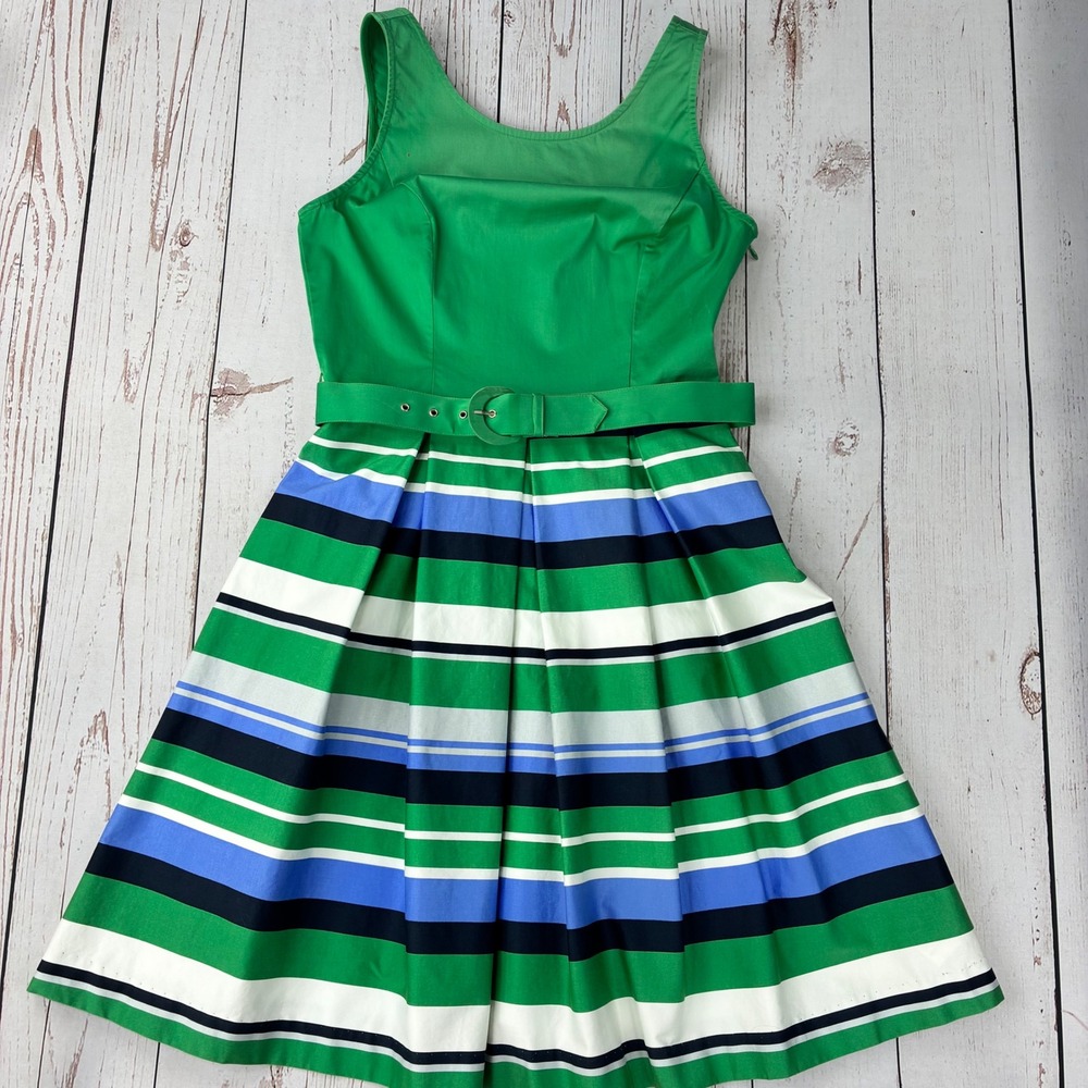 Banana Republic Green Striped Fit & Flare Belted Dress Size 4 Cotton Blend